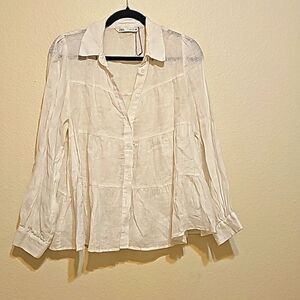 ZARA LINEN TIERED BLOUSE SIZE M